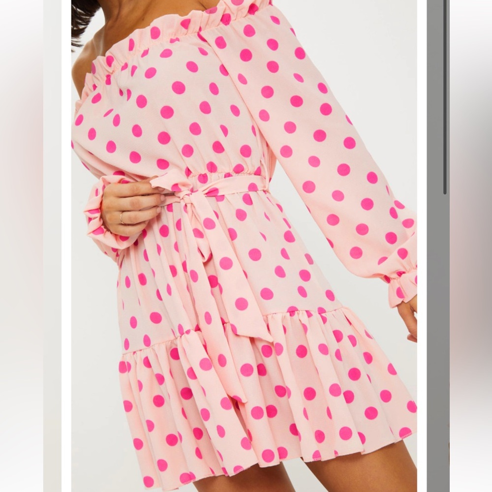 Pretty Little Thing Pink Polka Dot Bardot Tie Waist Shift Off The Shoulder Dress